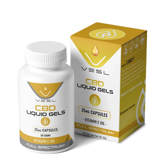 CBD Liquid Gesl 25mg capsules 30ct Vitamin E Oil