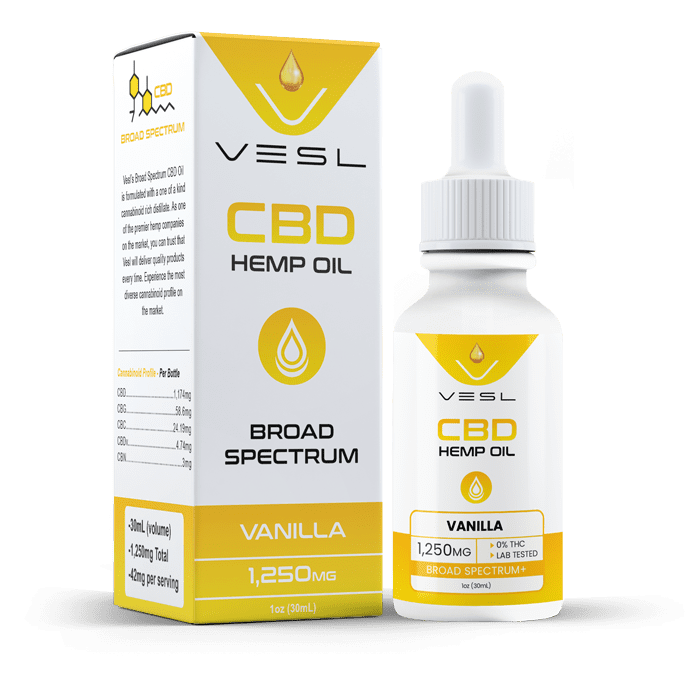 CBD hemp oil broad spectrum vanilla flavor. 1250mg in total. THC Free and lab tested product. 42mg per serving
