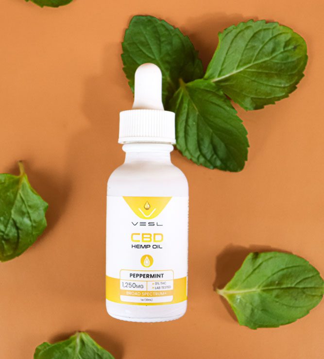 CBD hemp oil peppermint flavor with peppermint leaves background