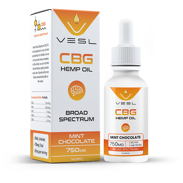 CBG oil broad spectrum mint chocolate flavor 750mg. THC free and lab tested product. 25mg per serving