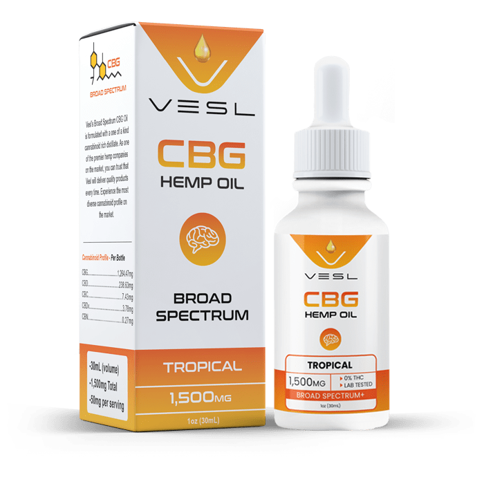 CBG oil broad spectrum tropical flavor 1500mg. THC free and lab tested product. 25mg per serving