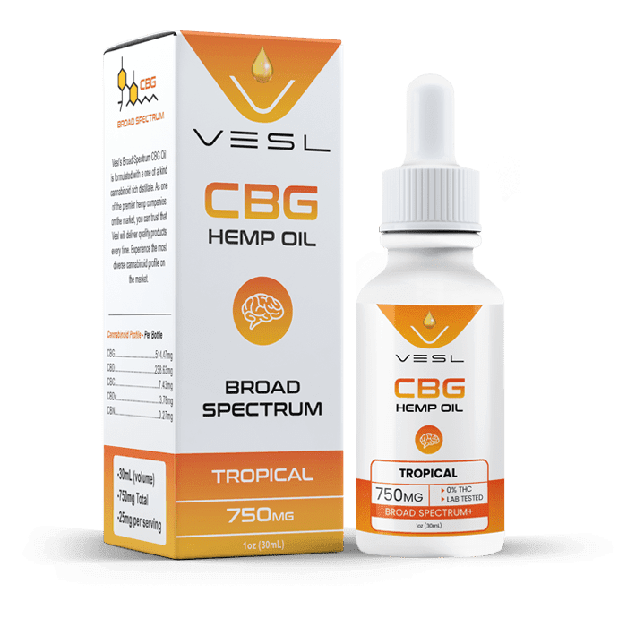 CBG oil broad spectrum tropical flavor 750mg. THC free and lab tested product. 25mg per serving