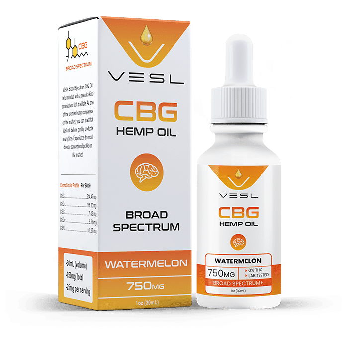 CBG oil broad spectrum water melon flavor 750mg. THC free and lab tested product. 25mg per serving